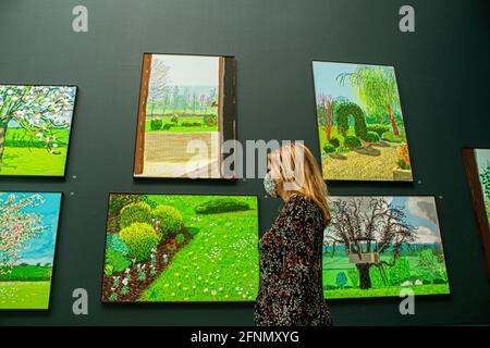 LONDON 18 May 2021. The preview of 'David Hockney: The Arrival of Spring, Normandy, 2020' exhibited for the first time at the Royal Academy of Arts in Piccadilly. David Hockney marks the arrival and unfolding  of the spring season using an iPad and a new app which has been adapted and developed to his specific rquirements. in Normandy. The  exhibition runs from 23 May to 26 September 2021 Credit amer ghazzal/Alamy Live News Stock Photo