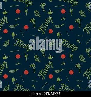 Tropical freedom vintage typography beach vacation - waves and cool shades - hand drawn seamless pattern Stock Vector