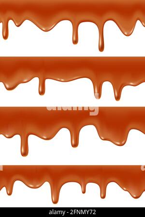 Set of Melted caramel dripping, realistic vector illustration on white background Stock Vector