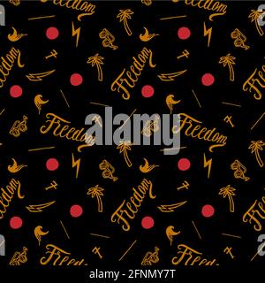 Tropical freedom pattern - print with wave, sunglasses, palm-tree, flash, and vintage typography - seamless pattern Stock Vector