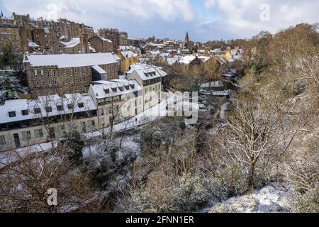 View of Dean Village and the Water of Leith from Dean Bridge in the West End of Edinburgh, Scotland, UK Stock Photo