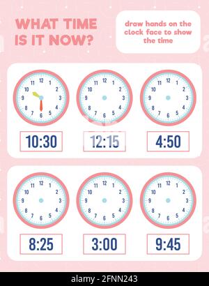 What time is it? Draw hands on the clock face. Time worksheet practice print page. Stock Vector
