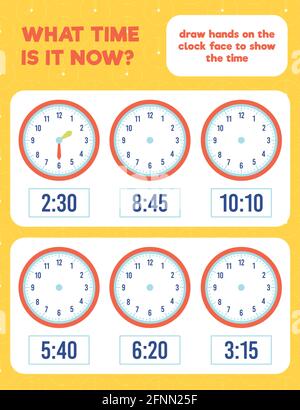 What time is it? Draw hands on the clock face. Time worksheet practice print page. Stock Vector