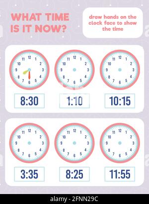 What time is it? Draw hands on the clock face. Time worksheet practice print page. Stock Vector