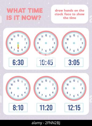 What time is it? Draw hands on the clock face. Time worksheet practice print page. Stock Vector