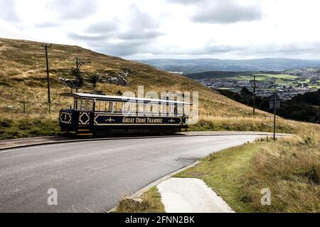 Tramcar No: 5 on the Great Orme Tramway descending the steep hill from the half way house towards the Victoria Station terminus at Llandudno, N Wales. Stock Photo