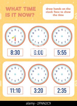 What time is it? Draw hands on the clock face. Time worksheet practice print page. Stock Vector