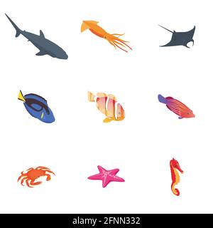Set of sea animal icons on white background. Vector isometric illustration. Stock Vector