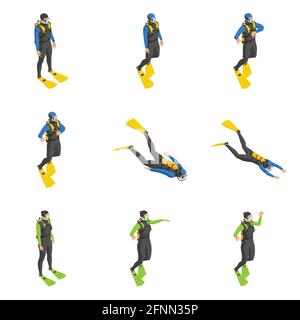 Set of diver icons in different poses and gestures on white background. Vector isometric illustration. Stock Vector