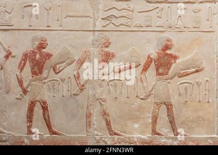 Mysterious egyptian engraved figures on the light wall. Stock Photo