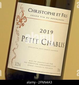 Wine label. Christophe et Fils. Grand Vin de Bourgogne. 2019.  Petit Chablis. Stock Photo