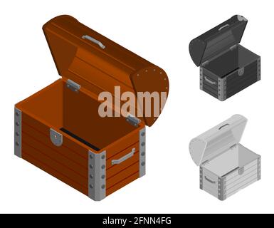 empty wooden chest with open lid. Failure to find pirate treasures. Isometric 3D vector Stock Vector