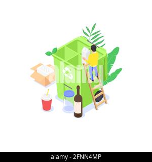 The concept of separate collection of waste and recycling. A small man collects household waste in a garbage container. Flat vector isometric illustra Stock Vector