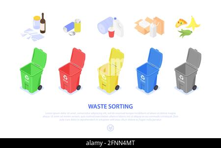 Concept banner for sorting and recycling waste. Colored trash cans. Separation and processing. Vector isometric flat illustration on a white backgroun Stock Vector