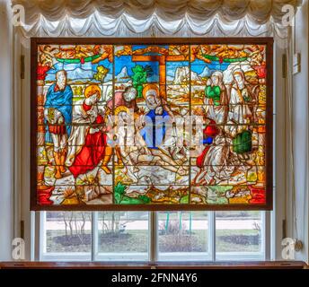 Medieval stained glass window art, vitrage, State Hermitage museum, St Petersburg, Russia Stock Photo