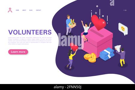Donation concept. Little people do charity work. Men and women bring food, clothes, money. Volunteering, altruism. Flat vector isometric illustration. Stock Vector