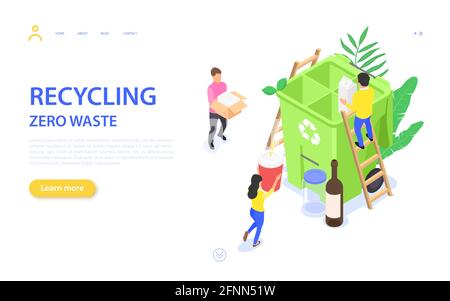 Zero waste banner concept. People collect, sort and recycle different types of waste. Vector isometric flat illustration on a white background. Stock Vector