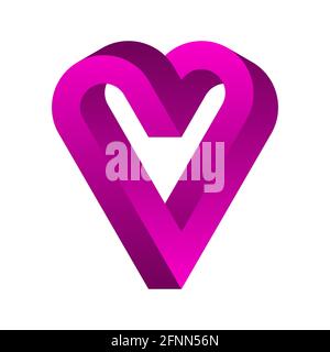 Impossible purple heart shape. 3D optical illusion. Endless love. Infinite object. Abstract eternal geometric figure. Love symbol. Isometric geometry Stock Vector
