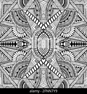 Geometric abstract psychedelic black and white decorative intricate pattern with many detail and lines coloring page. Stock Vector