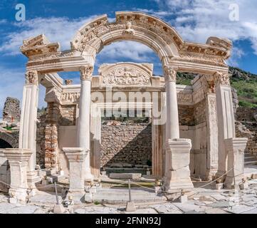 EPHESUS, TURKEY: Marble reliefs in Ephesus historical ancient city, in Selcuk,Izmir,Turkey.Figure of Medusa with ornaments of Acanthus leaves,Detail o Stock Photo