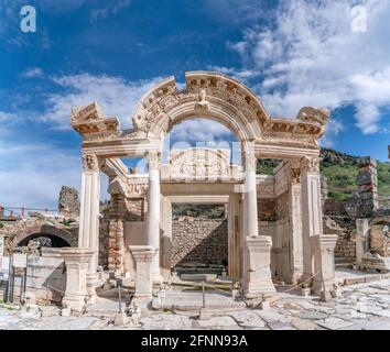 EPHESUS, TURKEY: Marble reliefs in Ephesus historical ancient city, in Selcuk,Izmir,Turkey.Figure of Medusa with ornaments of Acanthus leaves,Detail o Stock Photo