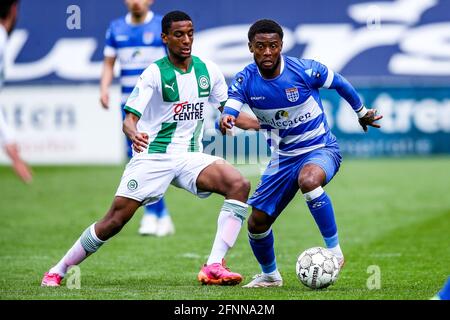 ZWOLLE, NETHERLANDS - MAY 16: Paulos Abraham of FC Groningen, Kenneth Paal of PEC Zwolle during the Dutch Eredivisie match between PEC Zwolle and FC G Stock Photo