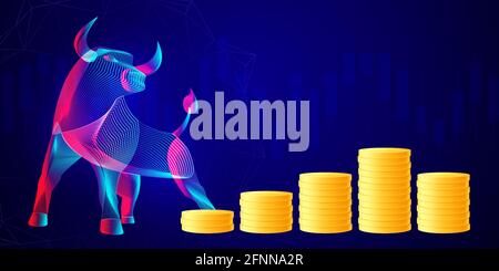Stack of golden coins with abstract silhouette of a bull. Business investment, trading and saving money concept. Vector neon line art illustration of Stock Vector