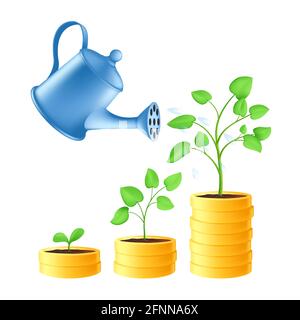 Watering can pours water on a stack of gold coins. Business investment and saving money concept with green plant growth stages. Vector illustration of Stock Vector
