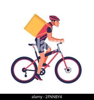 Courier on Bicycle with parcel box on the back Delivering Food. Modern Food delivery service in city. Young man in helmet with yellow bag rides on Stock Vector