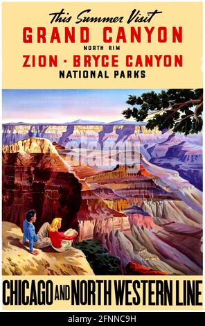 This Summer Visit Grand Canyon. North Rim. Zion. Bryce Canyon. National Parks. Chicago and North Western Line. Restored vintage poster published the 1930s in the USA. Stock Photo