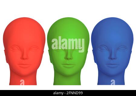 Three mannequin heads in red, green and blue colours, isolated on white background. Close up. Stock Photo
