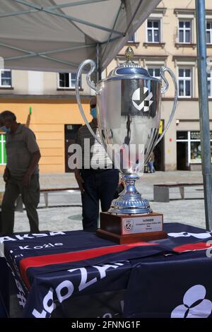 KEDZIERZYN-KOZLE, POLAND - MAY 11, 2021: Trophy cup of Champions League Volley presented in city square of Kedzierzyn-Kozle, Poland. The trophy was wo Stock Photo