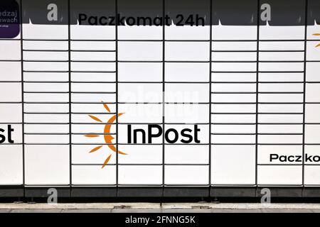 KEDZIERZYN-KOZLE, POLAND - MAY 11, 2021: Parcel locker machine Paczkomat in Poland. Paczkomat machines were popularized by company InPost in Poland. Stock Photo