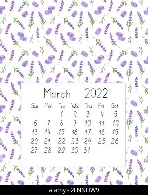 Calendar page the year 2022 for March watercolor floral seamless illustration, printable page, hand drawn pattern of French Provence lavender flowers, Stock Photo