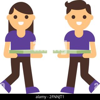 Cute cartoon pizza delivery boy and girl running with cardboard box with pizza. Isolated vector illustration. EPS 10 Stock Vector