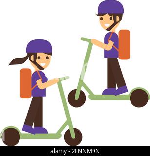 Courier delivery food on electric scooter. Delivery boy and girl deliver fresh hot food, rides fast on an electric scooter. Delivery service from cafe Stock Vector