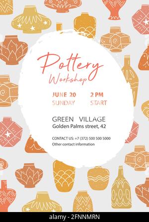Pottery workshop poster template. Hand painted crockery. Clay vases in rustic style. Traditional painting and modeling pottery master class. Vector il Stock Vector