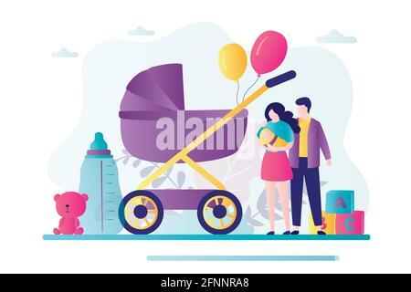 Happy young parents with newborn baby. Female character holding infant. Concept of parenthood, motherhood and family. Big stroller with bunch of ballo Stock Vector