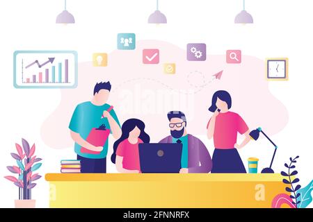 Team solution of tasks and problems in office. People are working together on new project. Collective joint work, discussion and brainstorm. Teamwork, Stock Vector