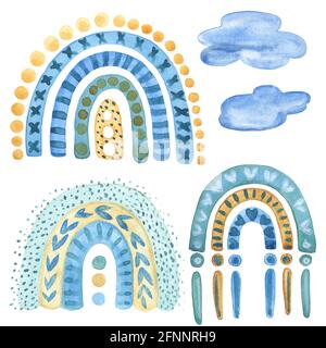 Blue and Yellow rainbow Watercolor Clipart. Boho style hand-drawn art decor. Baby boy shower party design. Set Illustrations Isolated on white Stock Photo