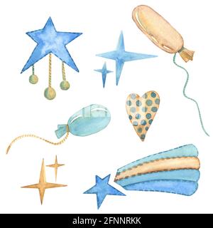 Blue Yellow Stars, ballon and heart Watercolor Clipart. Boho style hand-drawn art decor. Baby boy shower party design. Set Illustrations Isolated on Stock Photo