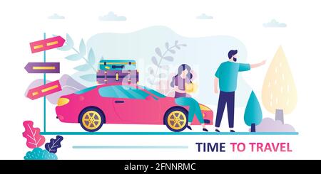 Couple of travelers, route planning, modern car with luggage. Navigation in trip, road signs. Vacation, travel time banner. Female and male characters Stock Vector