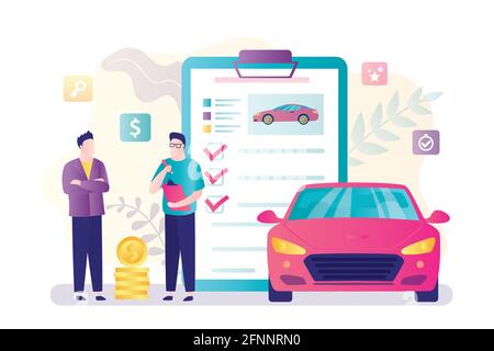 Man traveler rent car, salesman and car rental or sharing agreement. Transport business, auto dealer or carsharing. Modern vehicle, client and agent i Stock Vector