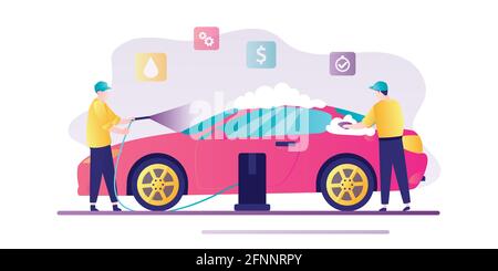 Car washing service banner. Tiny people in uniform washes modern car with soap and water. Serviceman at work. Flat style vector illustration isolated Stock Vector