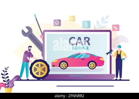 Computer diagnostics of auto malfunctions. Car services concept. Modern vehicle on laptop screen. Repairman and mechanic at work. Repair technology. F Stock Vector