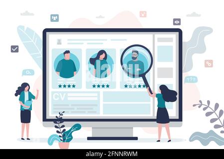 Female character choosing best candidate for job. Profiles of different people on computer screen. Women searching new employee. Concept of cv resume Stock Vector