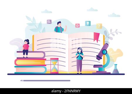 Large open textbook with bookmark. Concept of gaining knowledge and education. Banner on theme back to school. Classmates meet after vacation. Schoolk Stock Vector