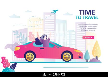 Time to travel, landing page template. Happy woman tourist ride on car. Modern vehicle on city road. Urban view on background. Auto and female charact Stock Vector