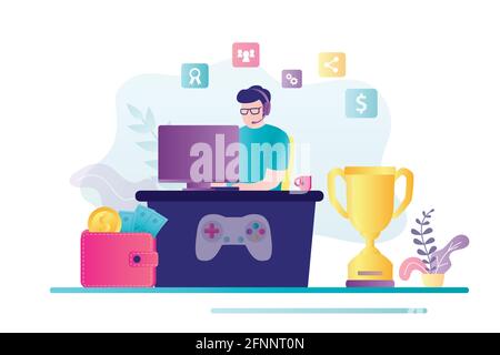 Male character earns on esports at home. Cybersport player plays in video games at computer. Concept of competition, cyber sport and professional game Stock Vector