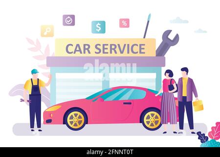 Family couple drived on car service. Problems with vehicle. Repairman with tools. Auto service building on background. Worker man in uniform, repair a Stock Vector